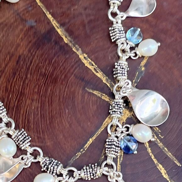 Michael Dawkins Sterling Silver Pearl Blue Bead Caviar Dangle Toggle Necklace - Picture 8 of 13